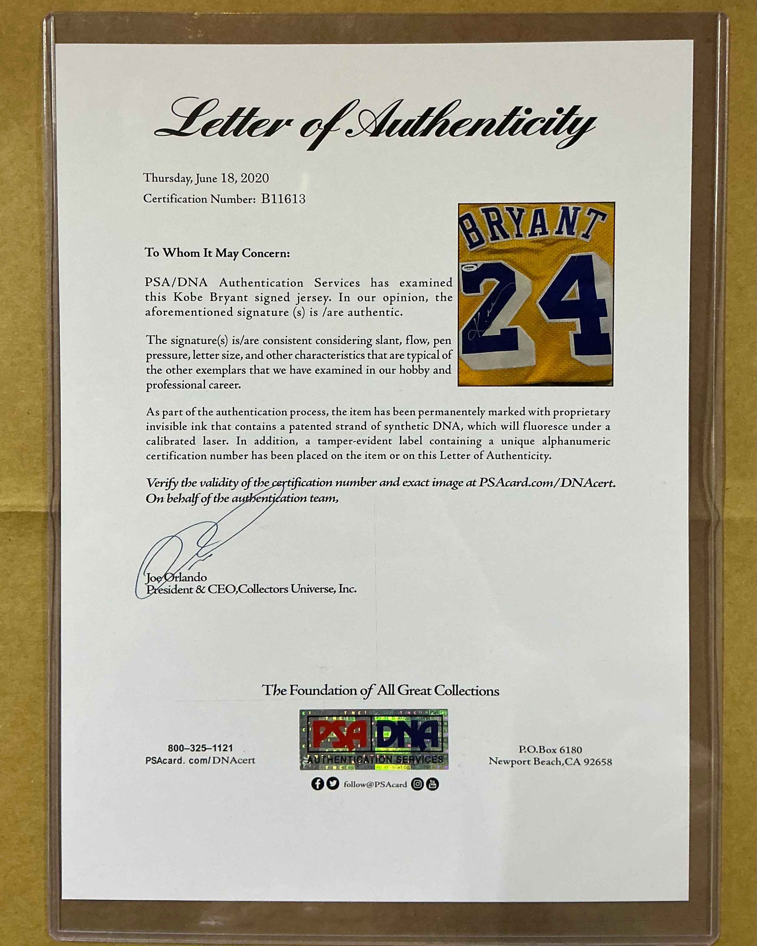 Los Angeles Lakers Kobe Bryant Signed Jersey Framed